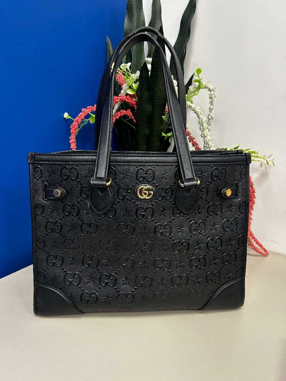 Gucci Star Tote GG Embossed Leather Medium Black